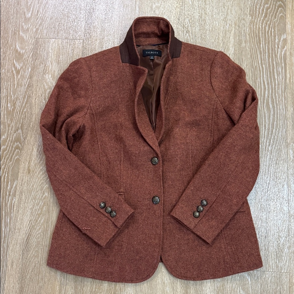 Talbots Classic Shetland Herringbone Wool Blend Blazer Rust Brown Size 12 - Picture 5 of 11